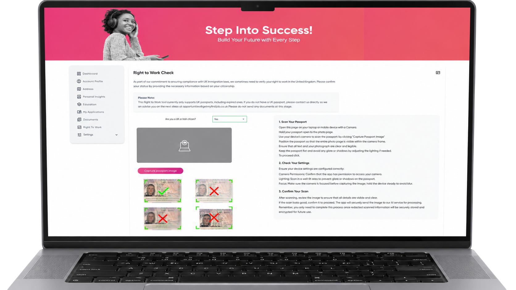 Talent Portal — right-to-work verification screen