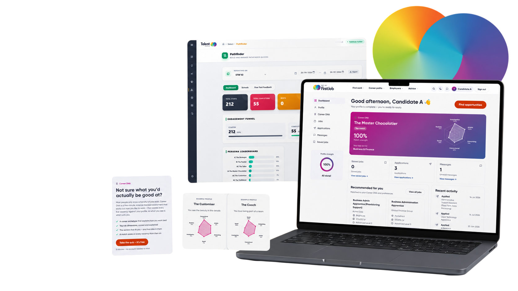 Pathfinder Quiz career persona result on the candidate portal, alongside the reporting dashboard used by schools and employers